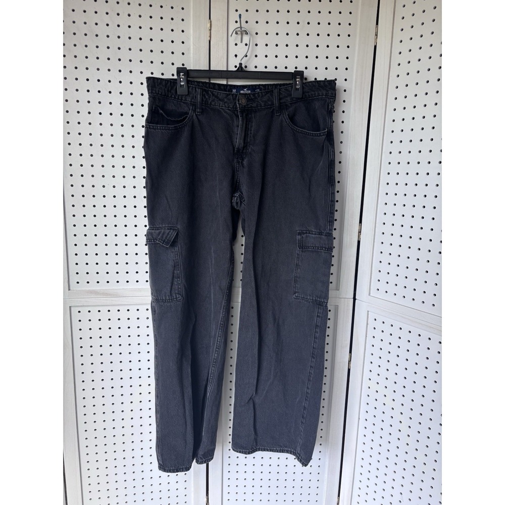 Hollister Low Rise Baggy Cargo Jeans Charcoal Black Size 14R W32 Y2K Gorpcore